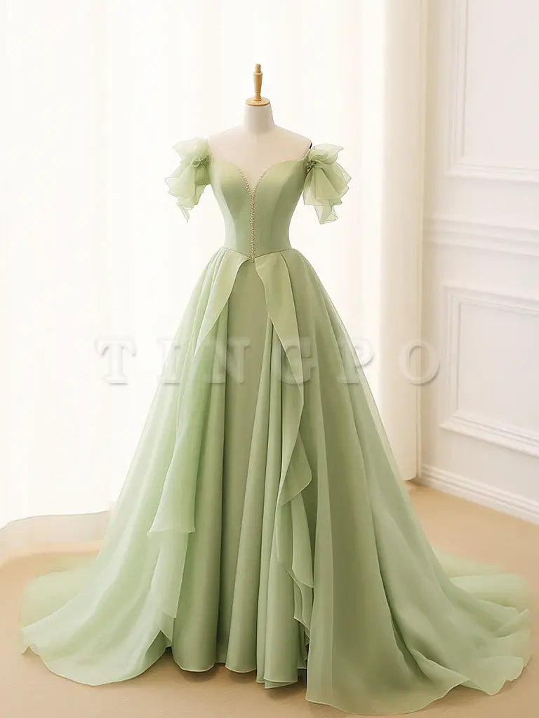 Wholesale A-Line Green Tulle Long Prom Dress Green Tulle Long Formal Dress gowns evening dresses